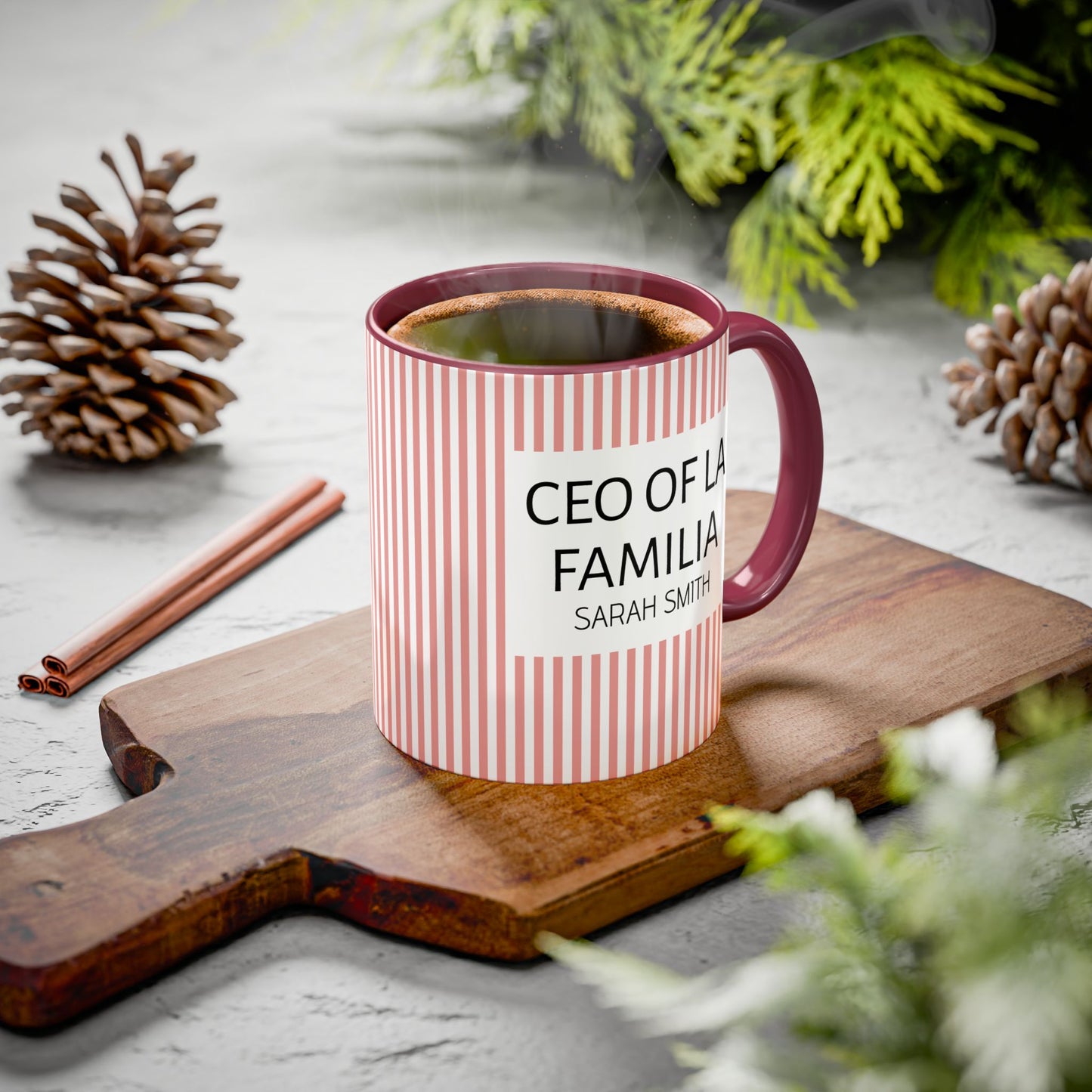 Personalized Name Pink Striped Coffee Tea Mug | Meaningful CEO of La Familia Gift for Mom, Wife, Women