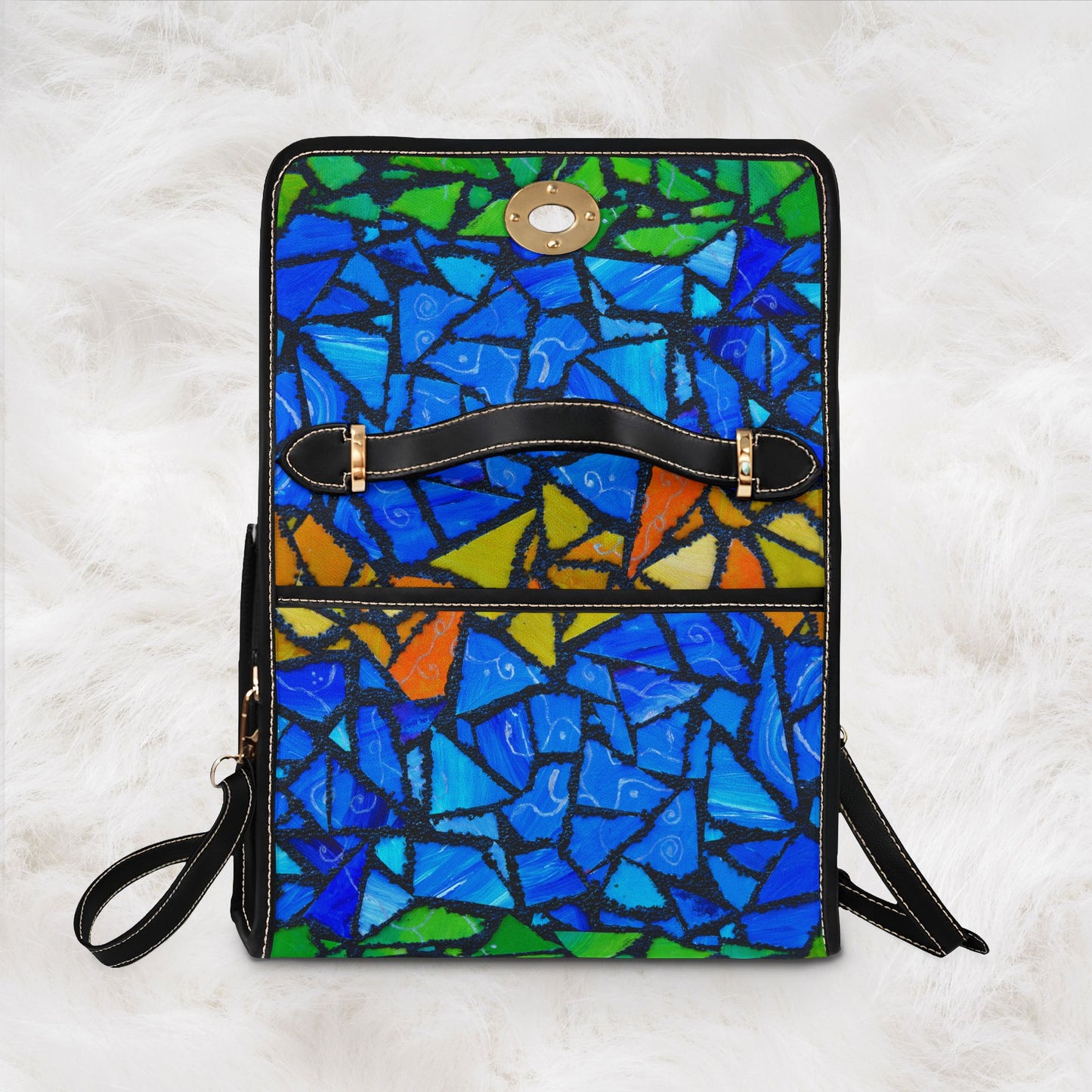 Personalized Name Waterproof Canvas Bag | Blue Green Mosaic Pattern Shoulder Tote Handbag