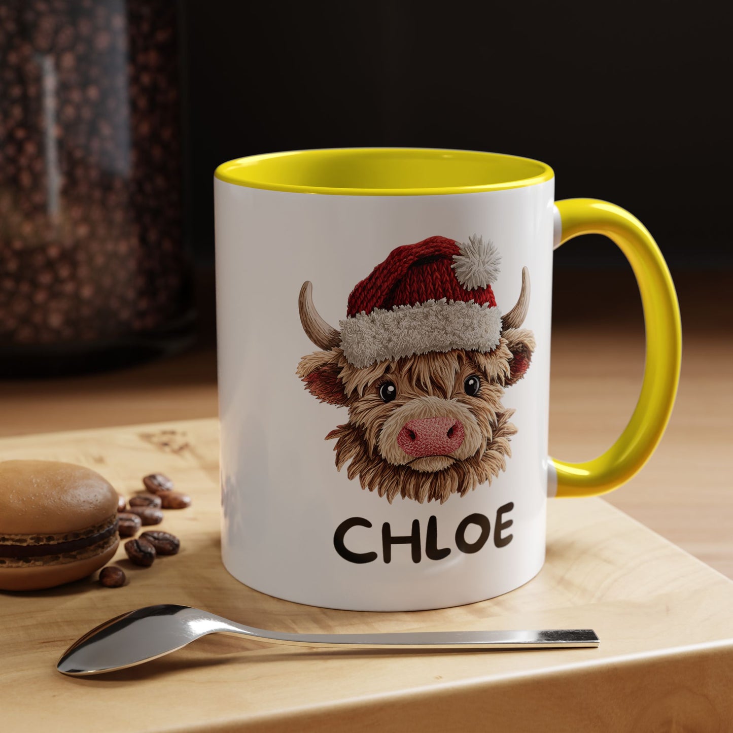 Personalized Name Cute Printed Crochet Yarn Christmas Highland Cow Mug | Hunting Holiday Gift