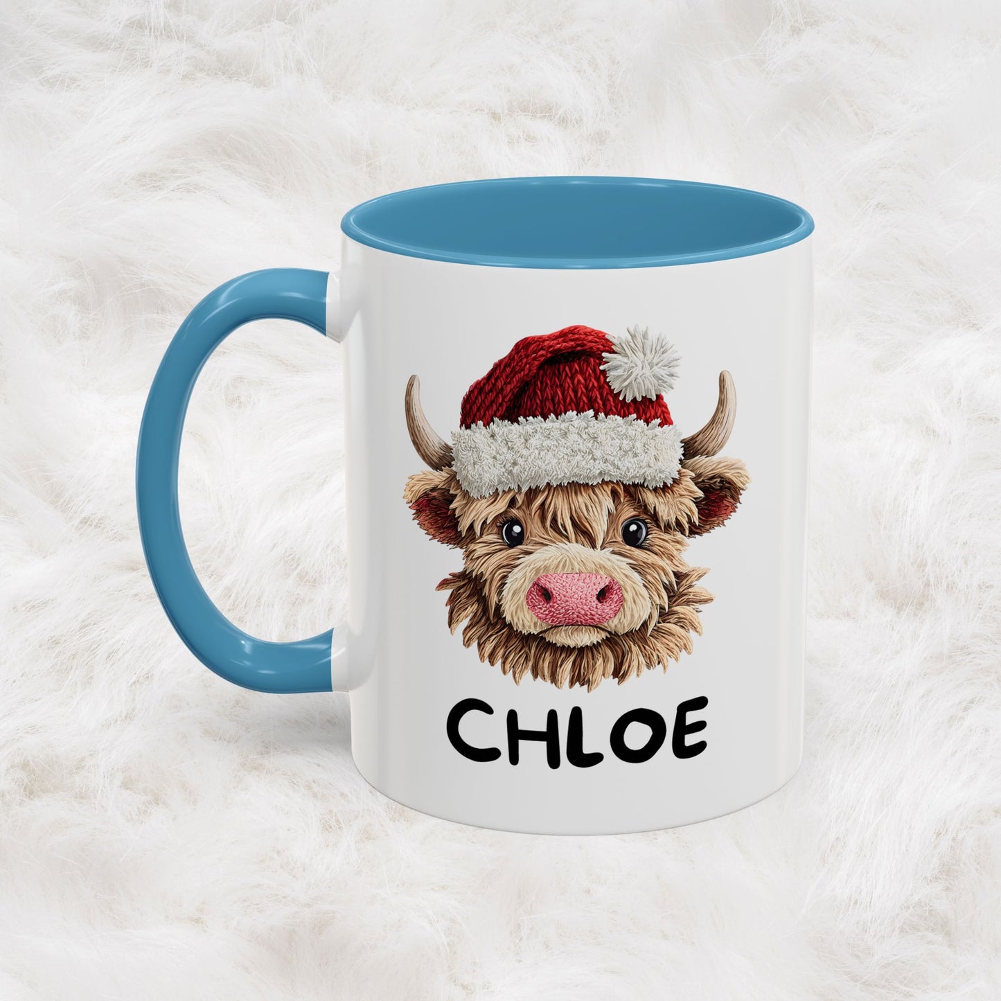 Personalized Name Cute Printed Crochet Yarn Christmas Highland Cow Mug | Hunting Holiday Gift