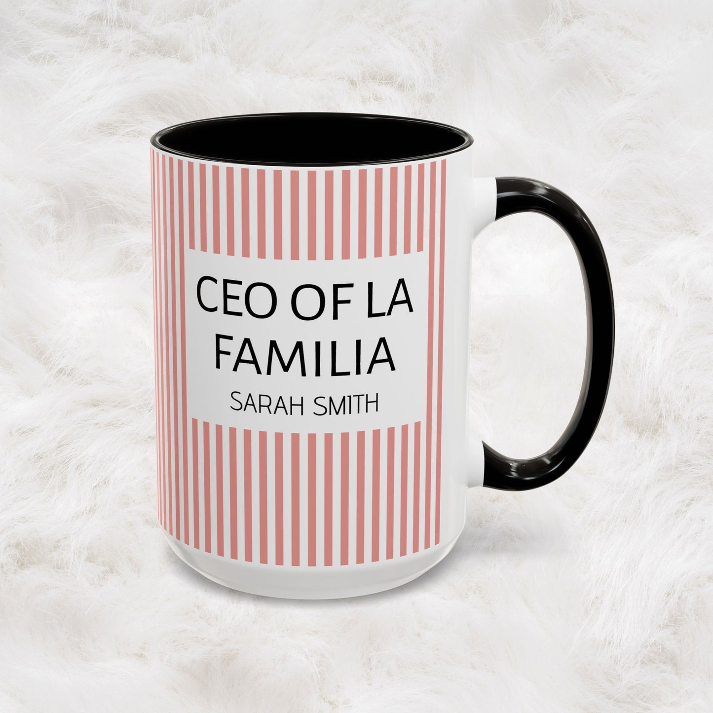 Personalized Name Pink Striped Coffee Tea Mug | Meaningful CEO of La Familia Gift for Mom, Wife, Women