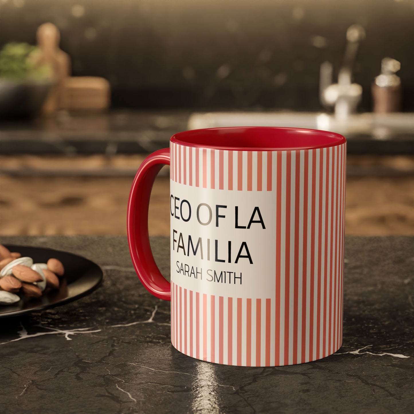 Personalized Name Pink Striped Coffee Tea Mug | Meaningful CEO of La Familia Gift for Mom, Wife, Women