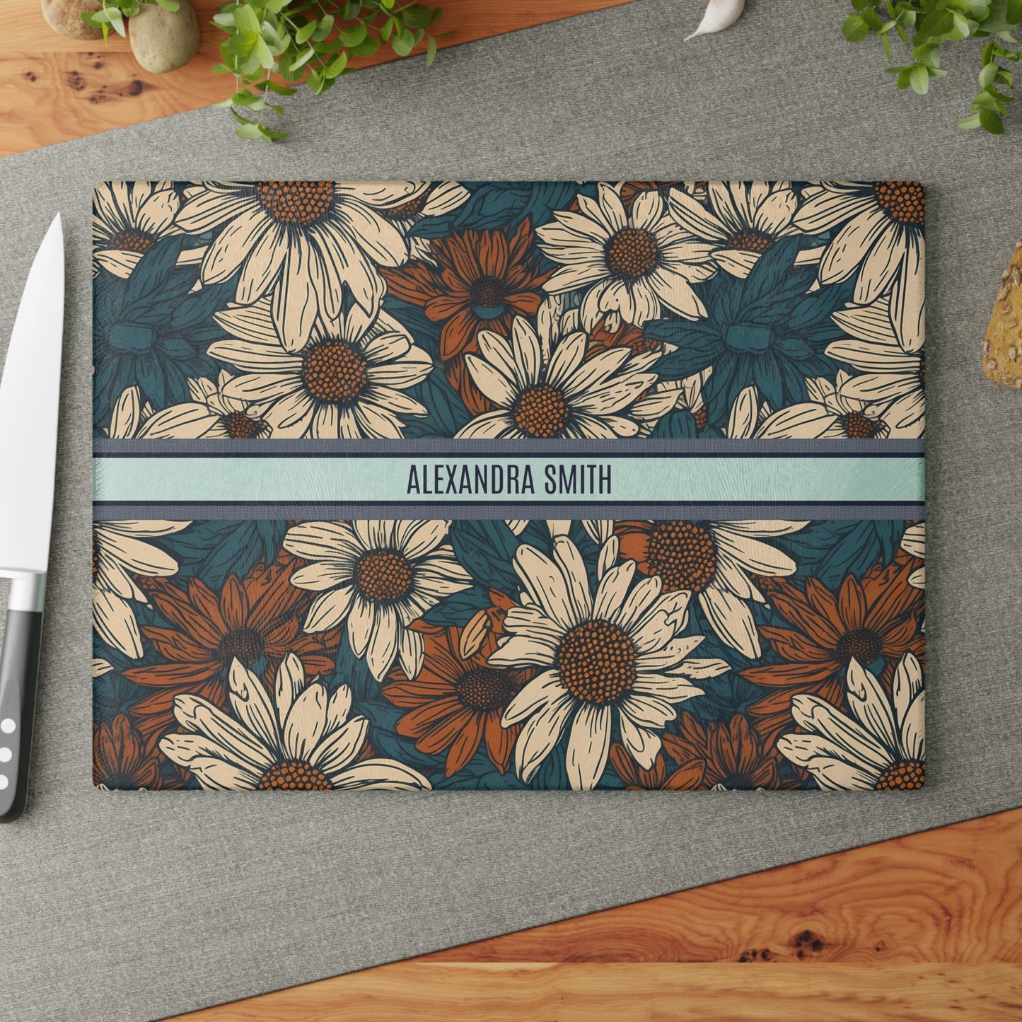 Personalized Name Text Daisy Floral Luxury Vintage Toile De Jouy French Pattern Glass Cutting Board