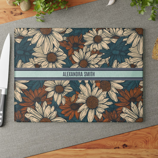Personalized Name Text Daisy Floral Luxury Vintage Toile De Jouy French Pattern Glass Cutting Board
