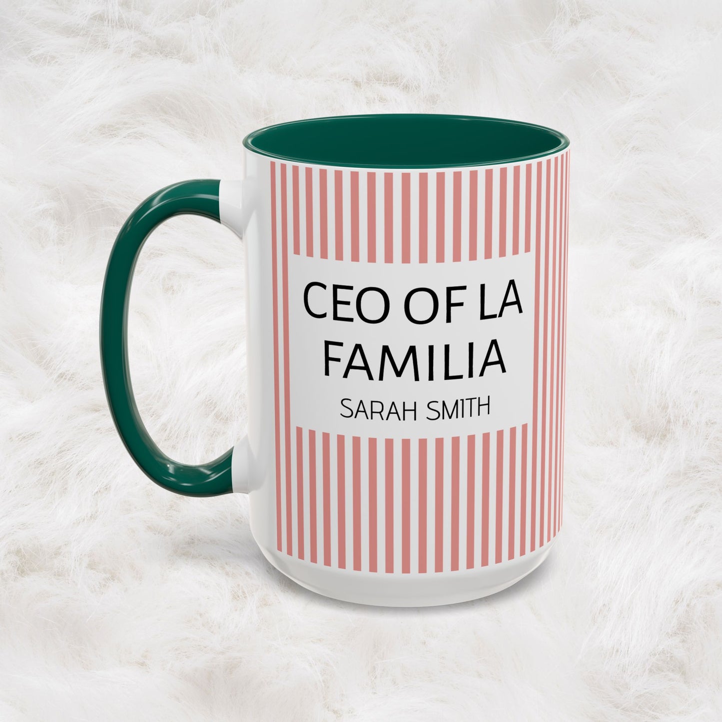 Personalized Name Pink Striped Coffee Tea Mug | Meaningful CEO of La Familia Gift for Mom, Wife, Women