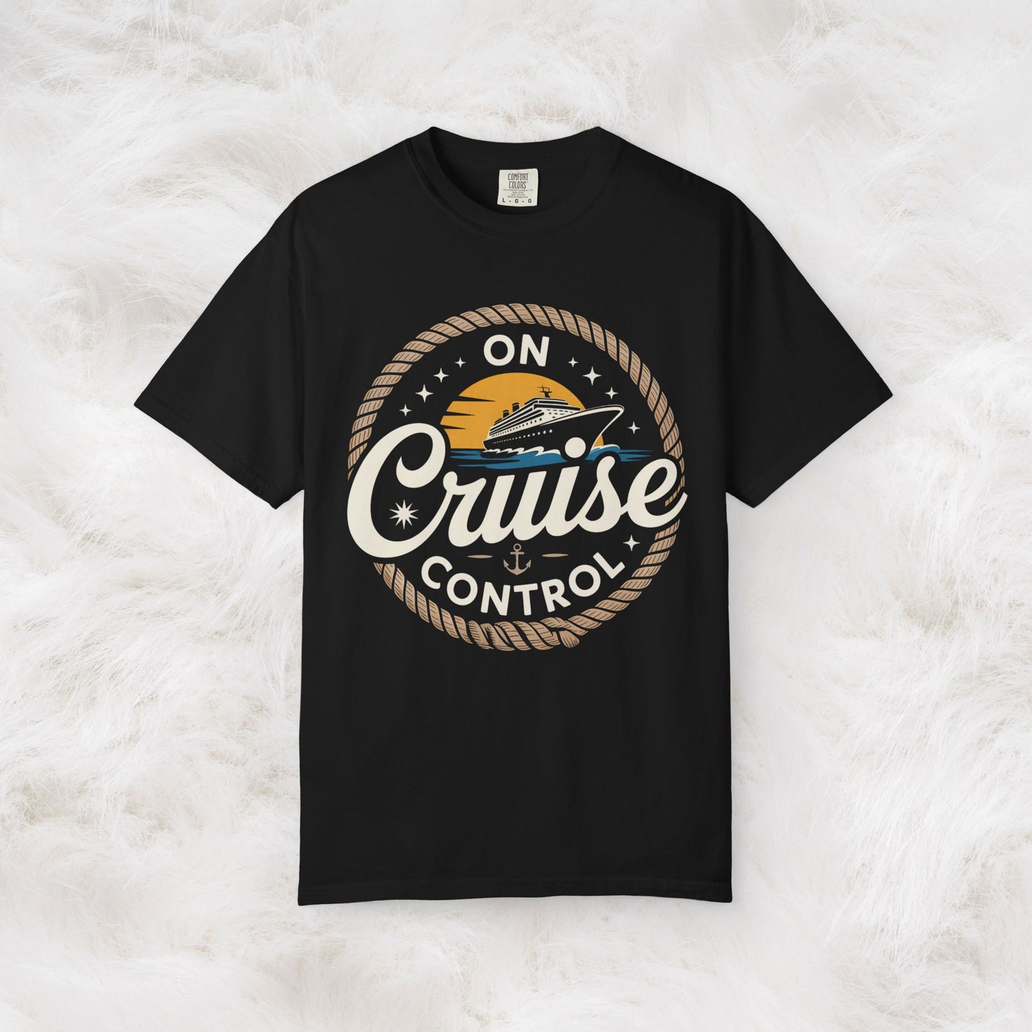 On Cruise Control T-Shirt | Nautical Rope Sunset Graphic Travel Vacation Tee