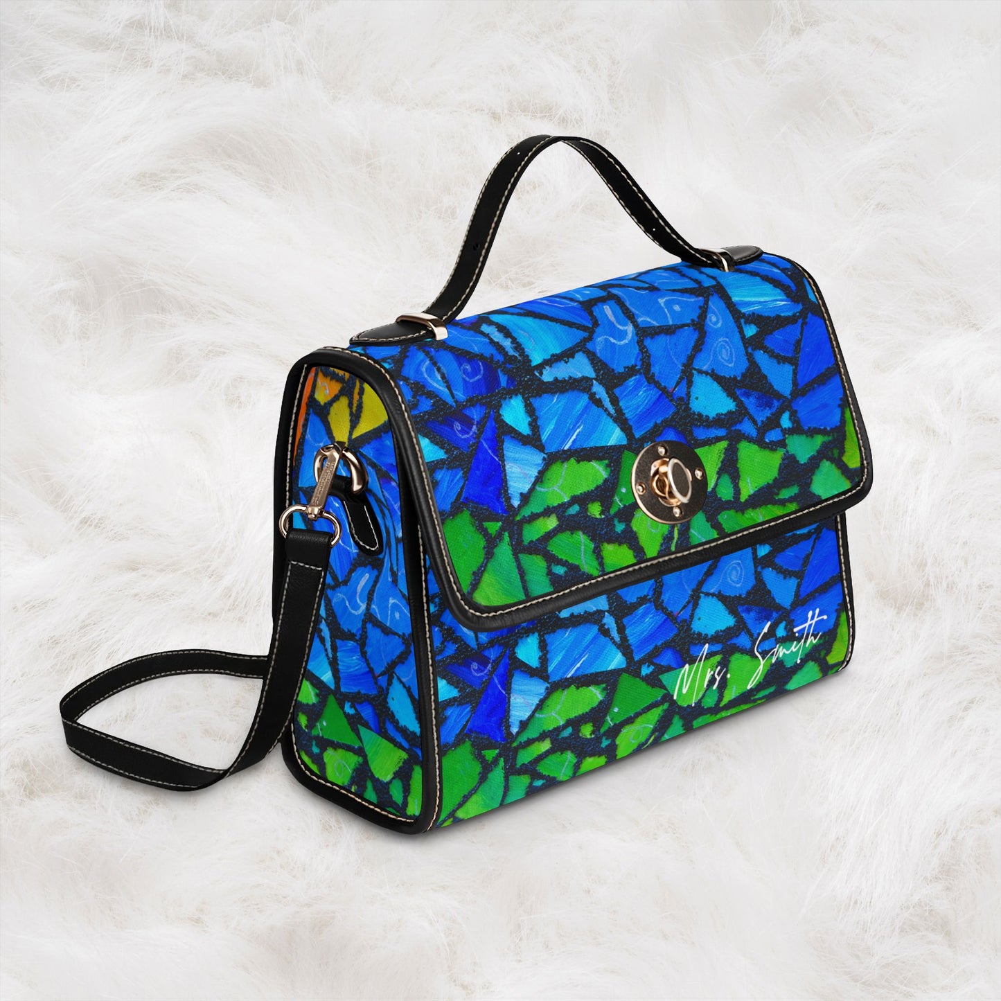 Personalized Name Waterproof Canvas Bag | Blue Green Mosaic Pattern Shoulder Tote Handbag