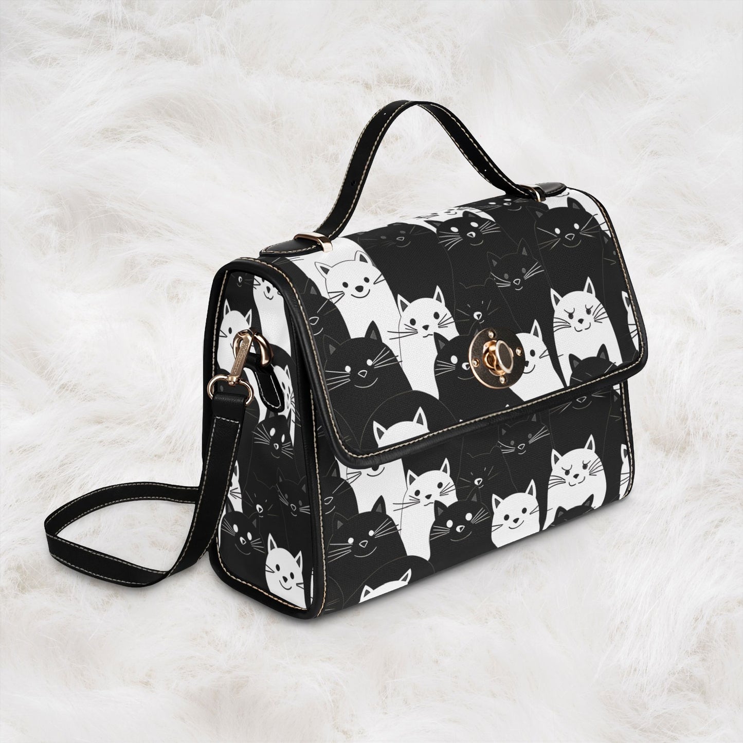 Cute Black & White Cat Pattern Waterproof Canvas Tote Crossbody Shoulder Handbag