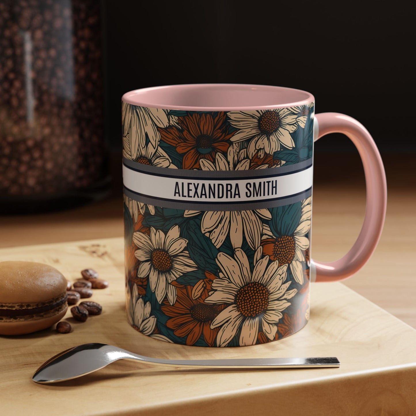 Personalized Name Text Daisy Floral Luxury Vintage Toile De Jouy French Pattern Accent Coffee Tea Mug