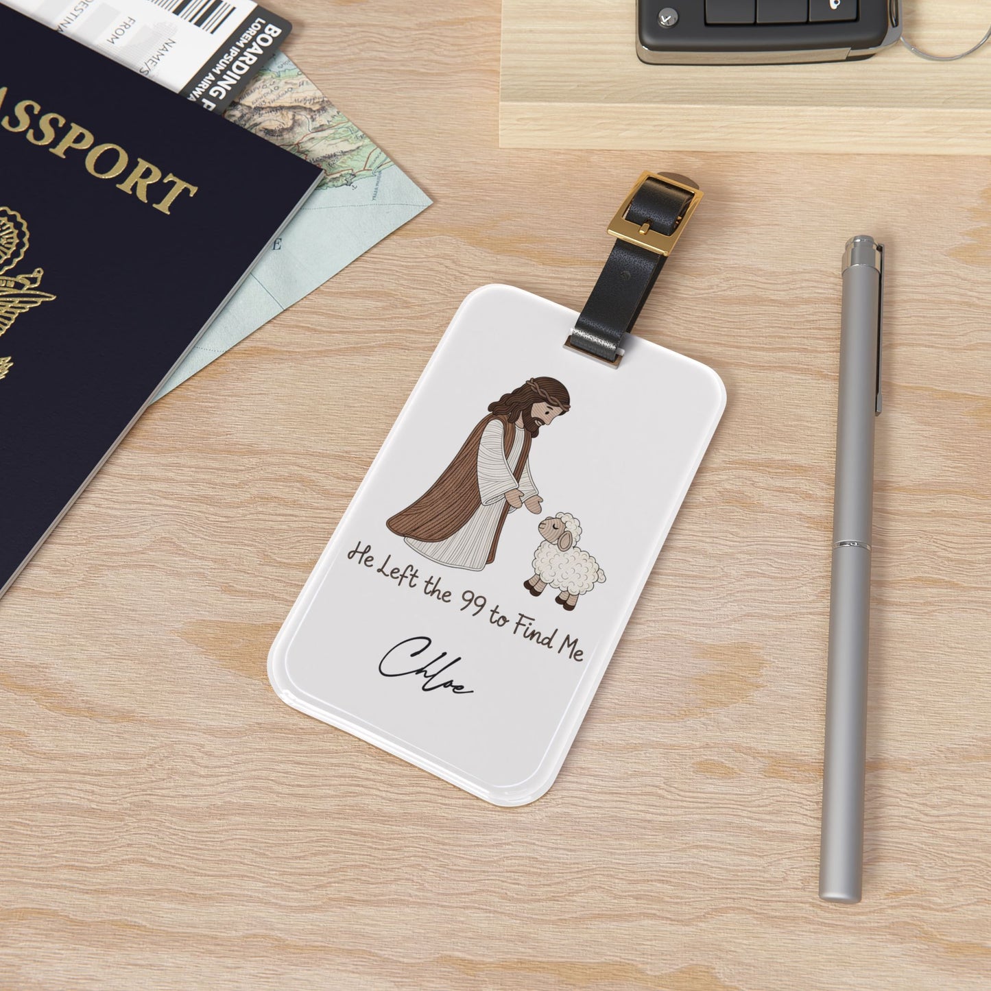 Personalized Cute Christian Luggage Tag — "He Left the 99 to Find Me" Shepherd & Lamb