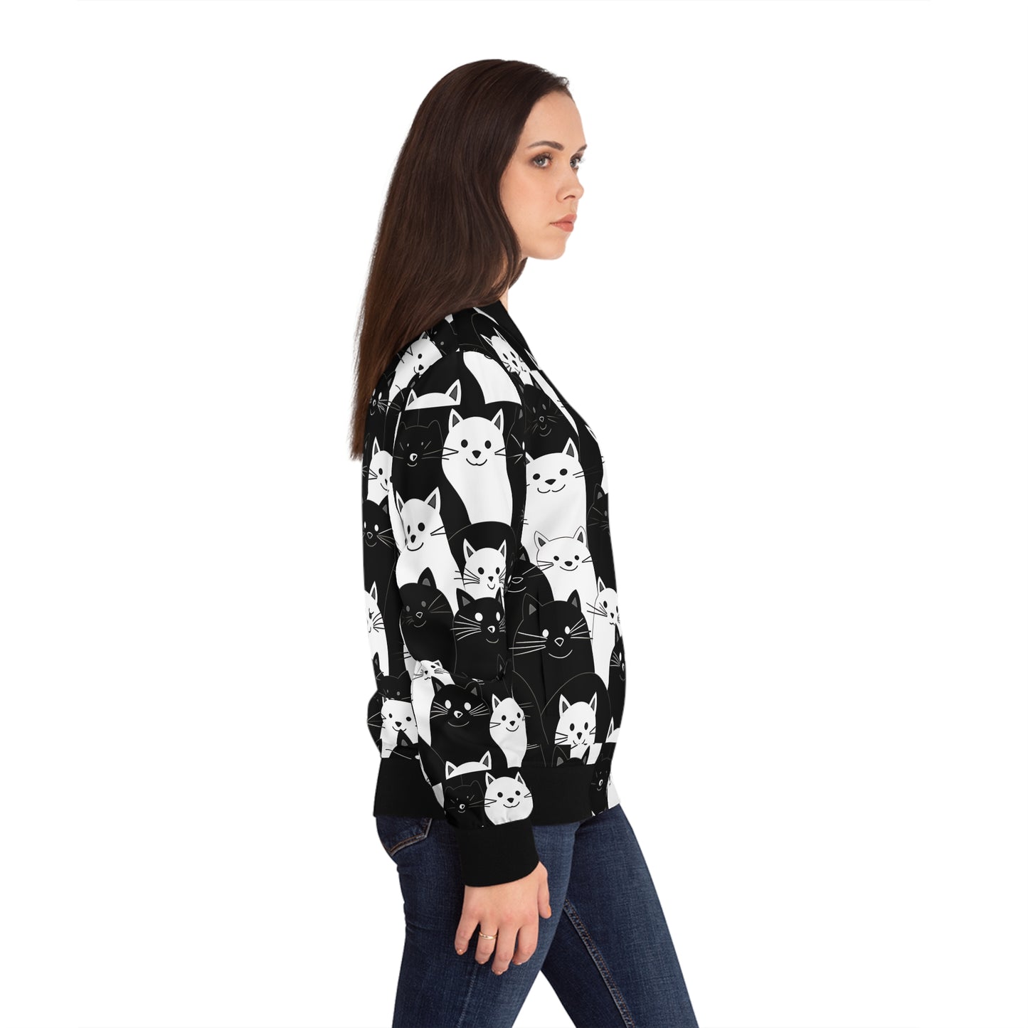 Cute Black & White Cat Pattern Bomber Jacket | Pet Lovers Gift Idea