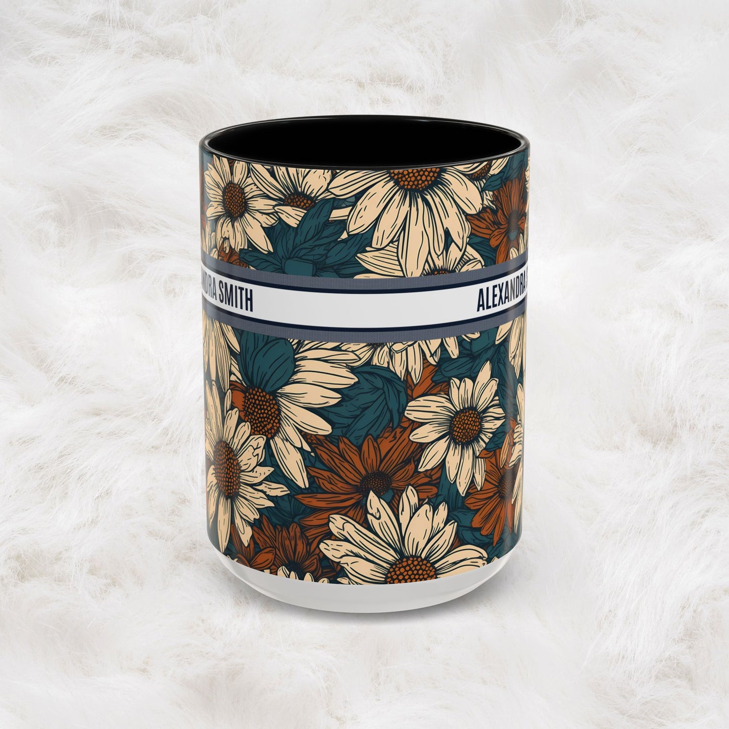 Personalized Name Text Daisy Floral Luxury Vintage Toile De Jouy French Pattern Accent Coffee Tea Mug