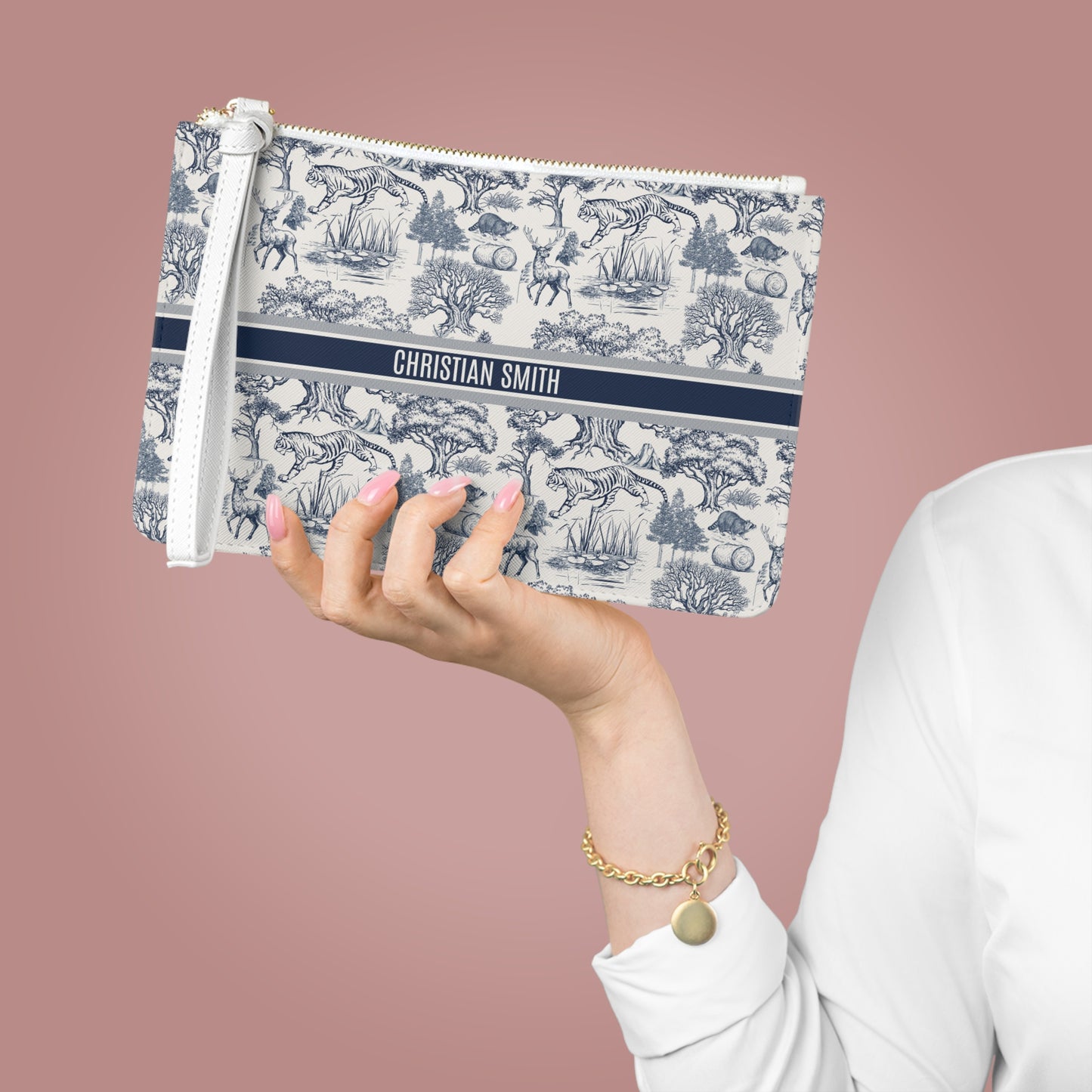 Personalized Name Luxury Vintage Toile De Jouy French Nature Landscape Seamless Pattern Art Version 1 Clutch Bag | Christmas Birthday Gift Ideas