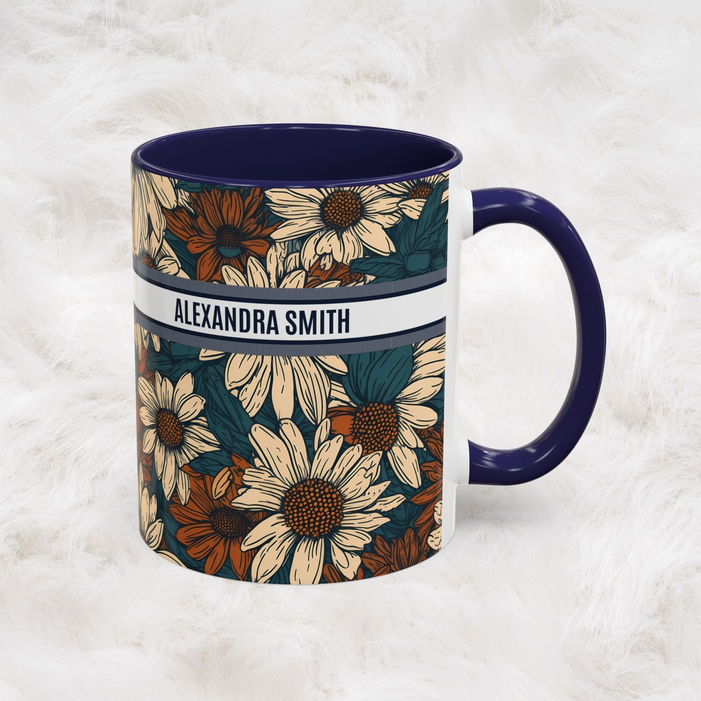 Personalized Name Text Daisy Floral Luxury Vintage Toile De Jouy French Pattern Accent Coffee Tea Mug