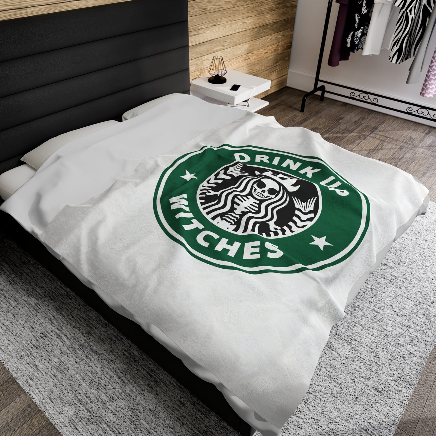 Funny Cozy Sofa Velveteen Plush Blanket Drink up Witches Skeleton Starbucks Fan