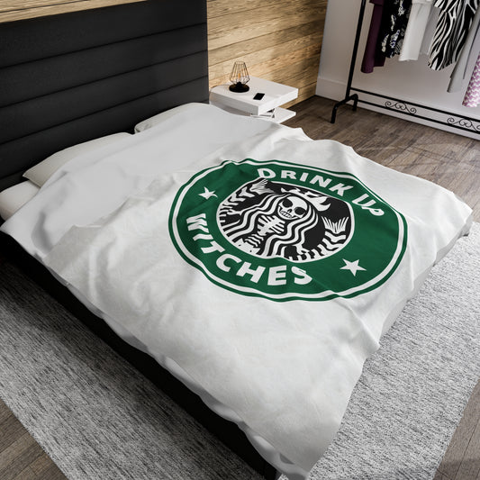 Funny Cozy Sofa Velveteen Plush Blanket Drink up Witches Skeleton Starbucks Fan