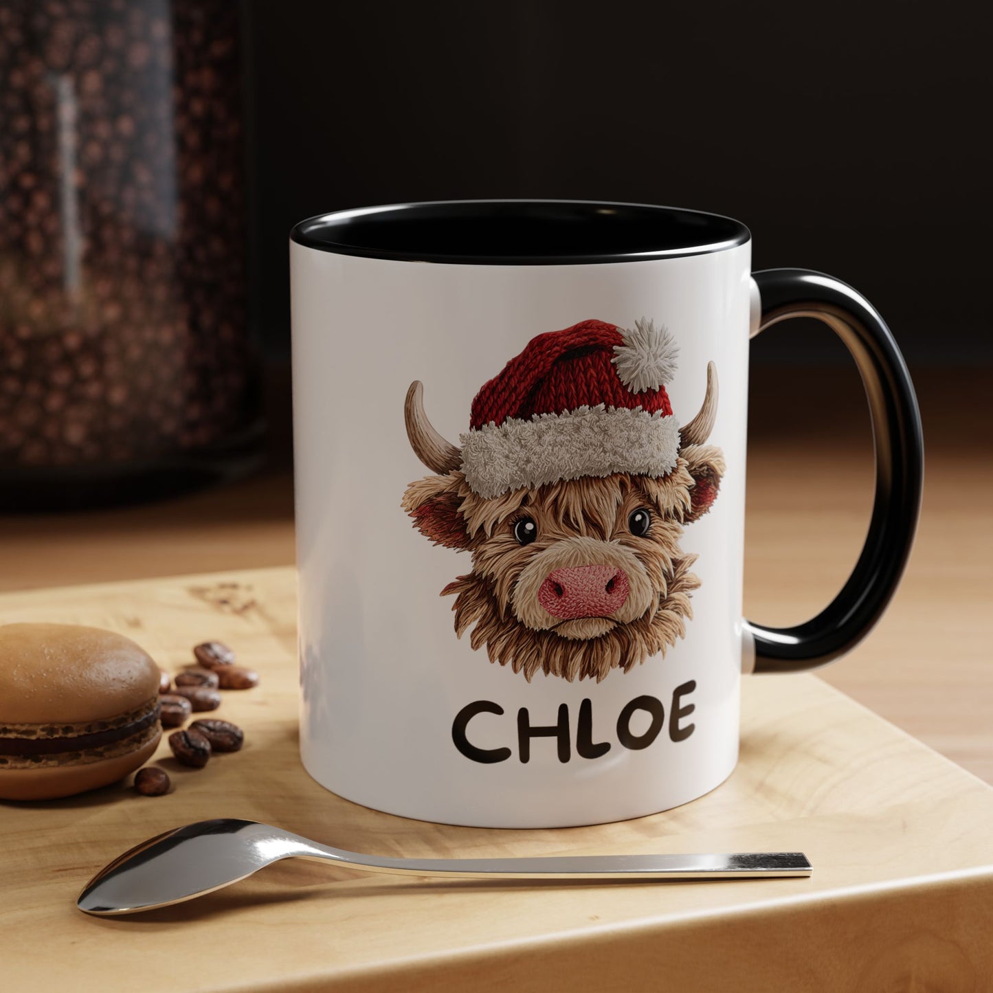 Personalized Name Cute Printed Crochet Yarn Christmas Highland Cow Mug | Hunting Holiday Gift