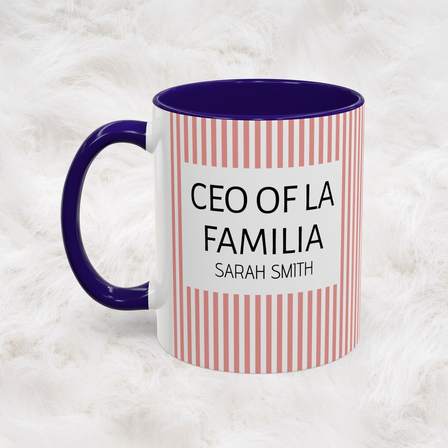 Personalized Name Pink Striped Coffee Tea Mug | Meaningful CEO of La Familia Gift for Mom, Wife, Women