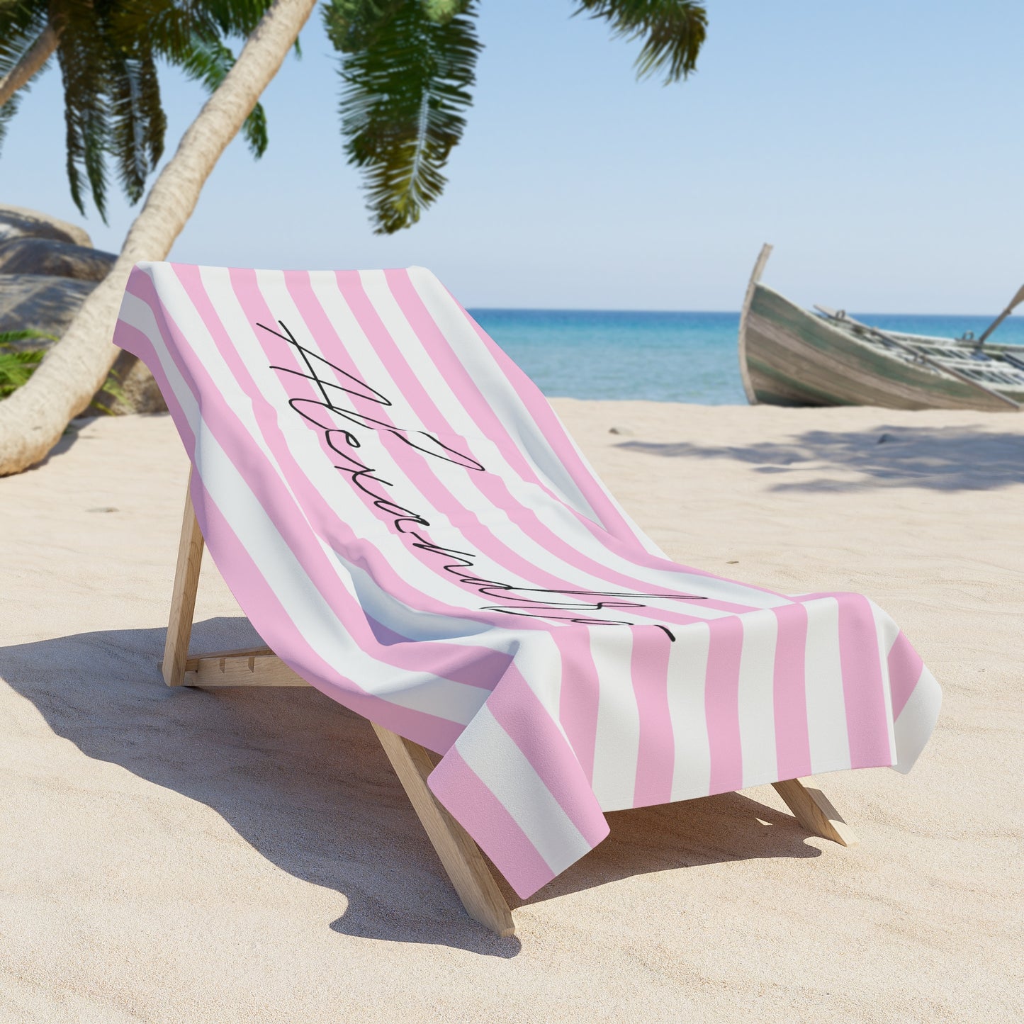 Personalized Name Pink Stripes  Beach Towel | Birthday Anniversary Gift Idea Travel Vacation Summer Pool Bath