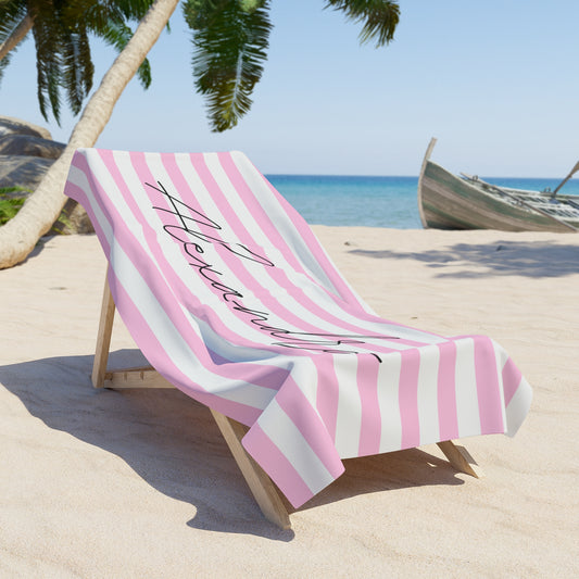 Personalized Name Pink Stripes  Beach Towel | Birthday Anniversary Gift Idea Travel Vacation Summer Pool Bath