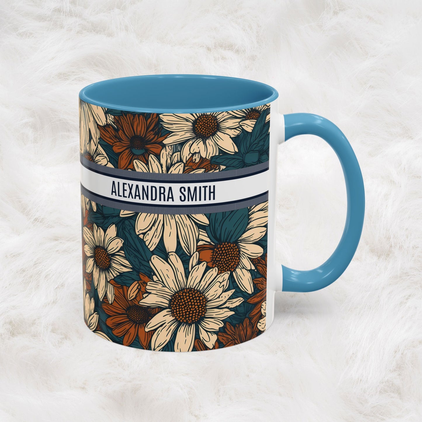 Personalized Name Text Daisy Floral Luxury Vintage Toile De Jouy French Pattern Accent Coffee Tea Mug