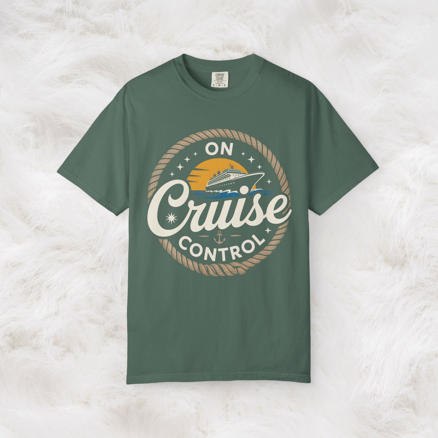 On Cruise Control T-Shirt | Nautical Rope Sunset Graphic Travel Vacation Tee