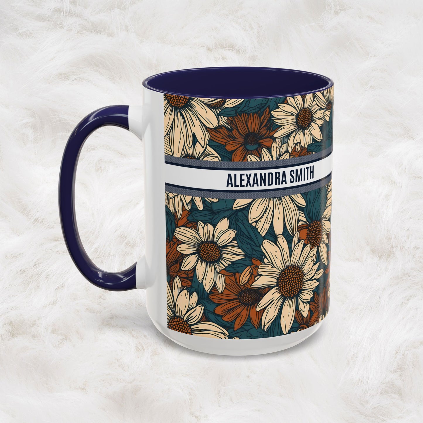 Personalized Name Text Daisy Floral Luxury Vintage Toile De Jouy French Pattern Accent Coffee Tea Mug