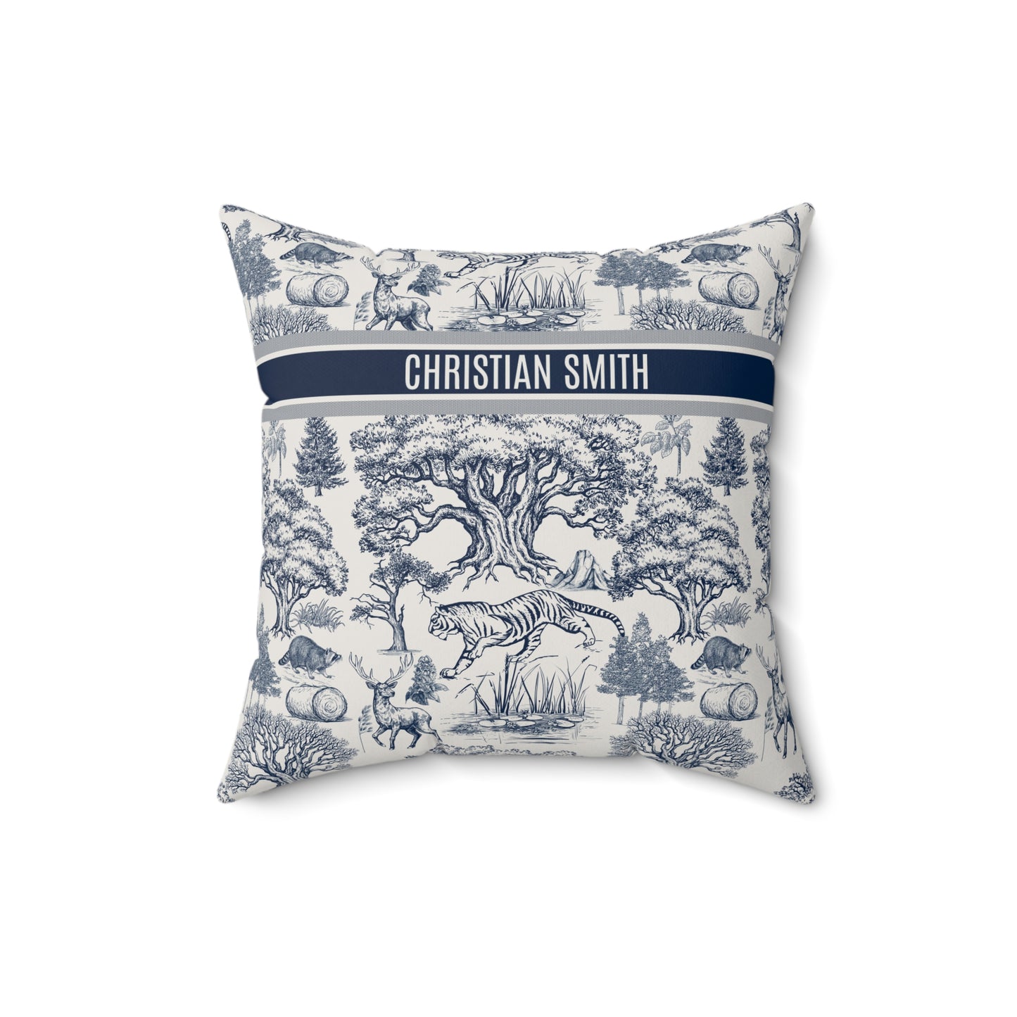 Personalized Name on Toile De Jouy Seamless Nature Landscape Pattern Spun Polyester Square Throw Pillow Version 1