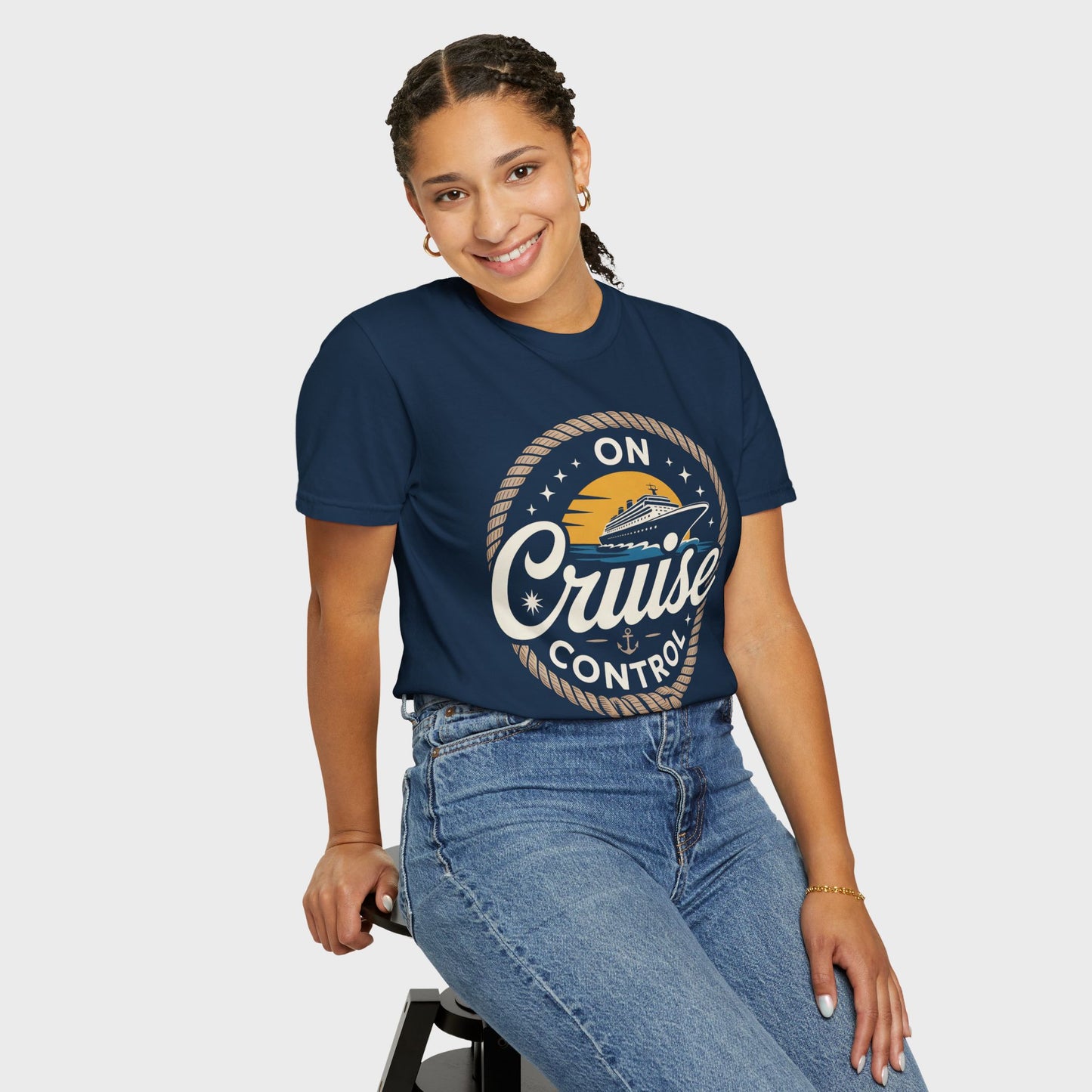 On Cruise Control T-Shirt | Nautical Rope Sunset Graphic Travel Vacation Tee