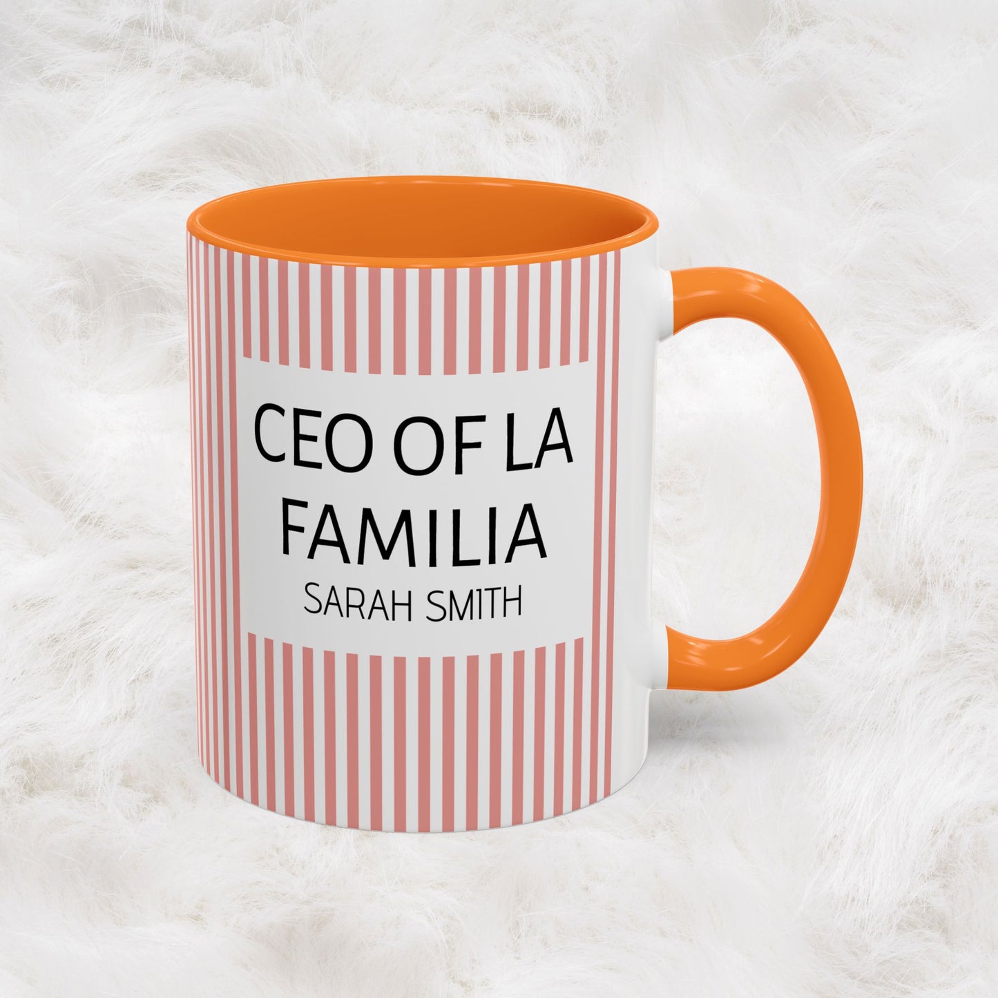 Personalized Name Pink Striped Coffee Tea Mug | Meaningful CEO of La Familia Gift for Mom, Wife, Women