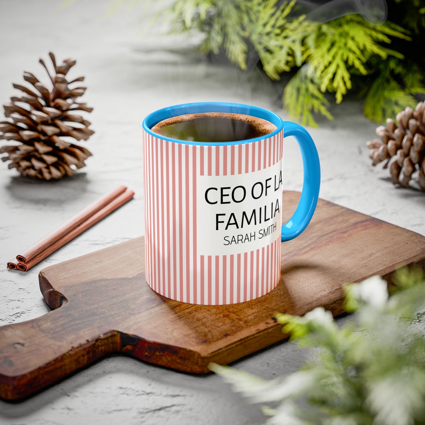 Personalized Name Pink Striped Coffee Tea Mug | Meaningful CEO of La Familia Gift for Mom, Wife, Women