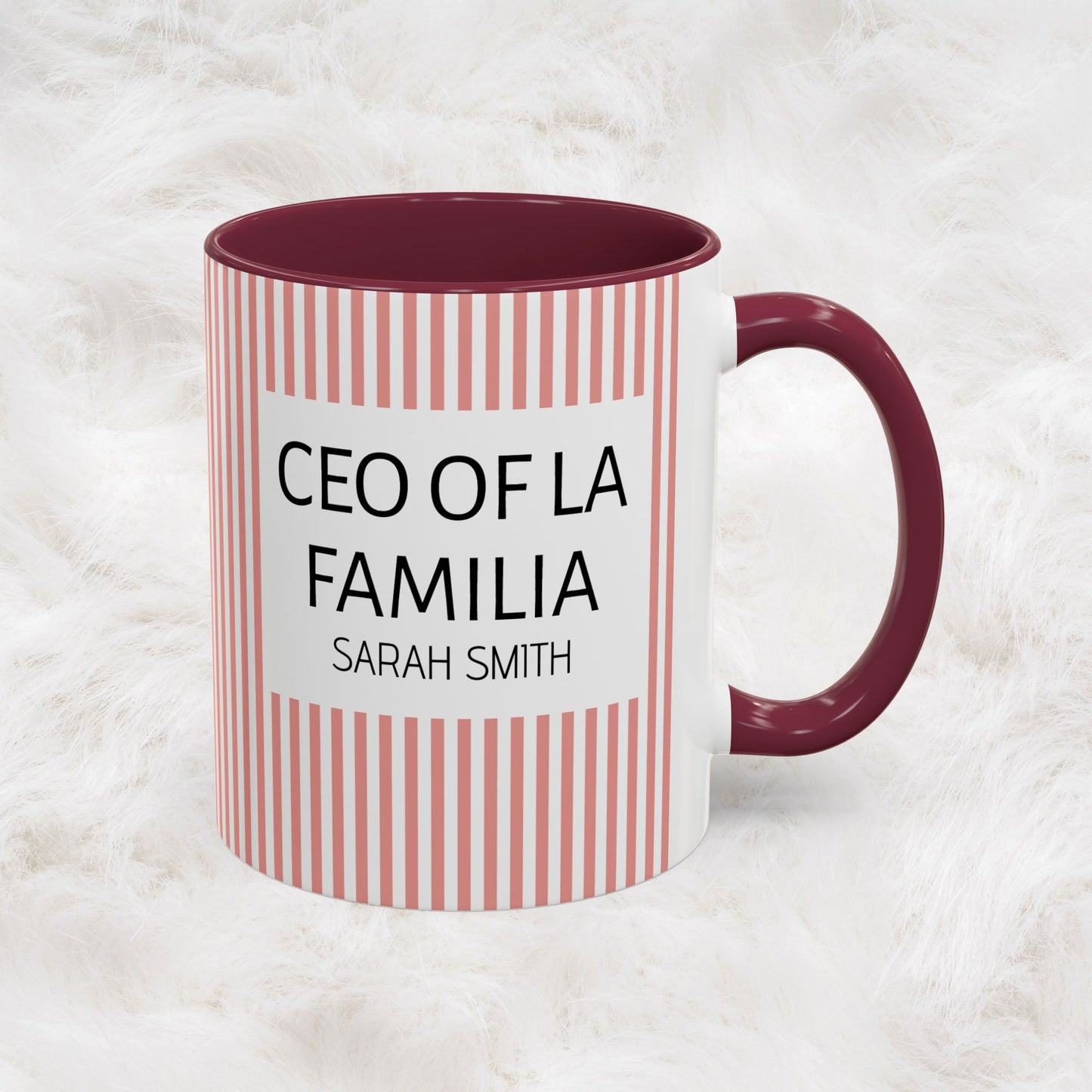 Personalized Name Pink Striped Coffee Tea Mug | Meaningful CEO of La Familia Gift for Mom, Wife, Women