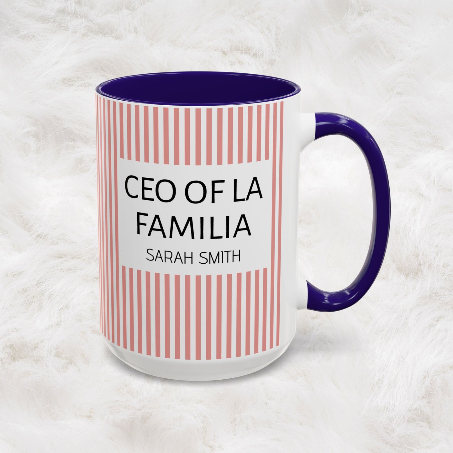 Personalized Name Pink Striped Coffee Tea Mug | Meaningful CEO of La Familia Gift for Mom, Wife, Women