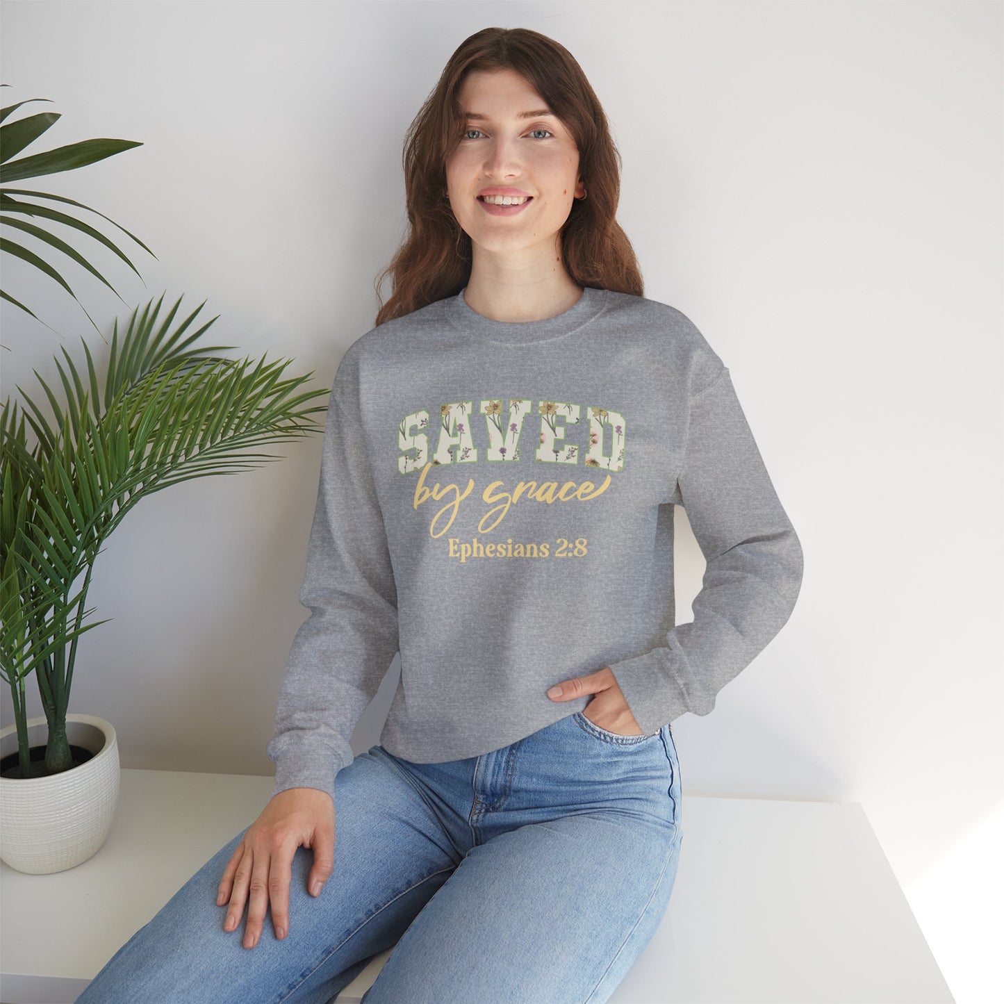 Saved by Grace Ephesians 2:8 Bible Verse Christian Sweatshirt | Inspirational Crewneck Unisex Gift | Cozy Everyday Wear