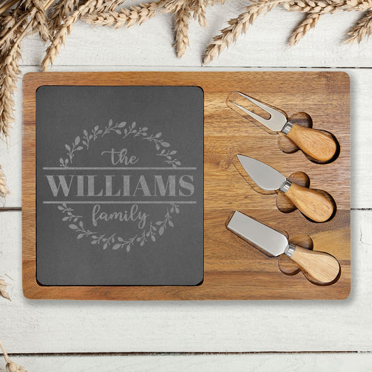 Personalized Engraved Charcuterie Board with Slate Insert — Custom Family Name Gift Idea