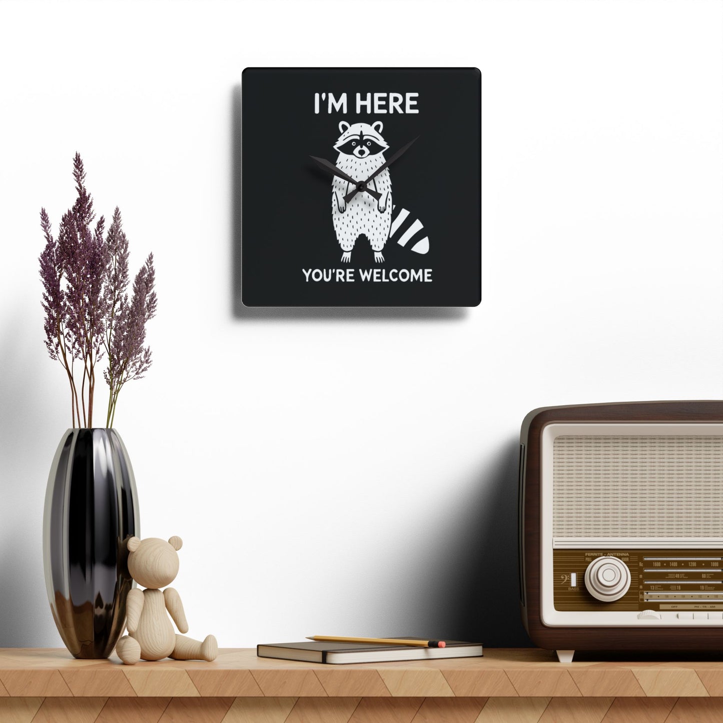 Funny Cute Raccoon Acrylic Wall Clock | Animal Pet Lover Home Decor