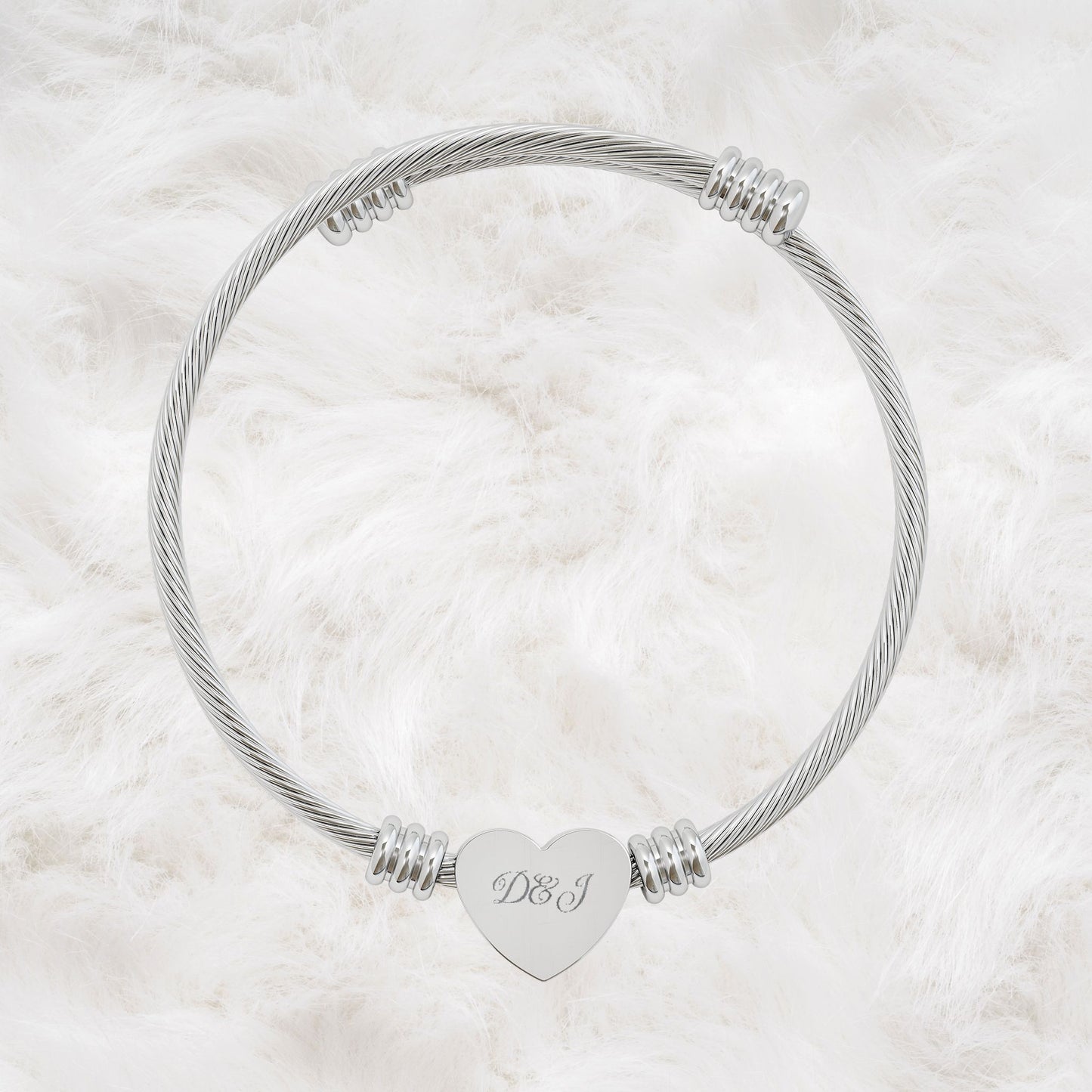 Personalized Custom Name Initials Cable Wire Bangle Heart Cuff Bracelet