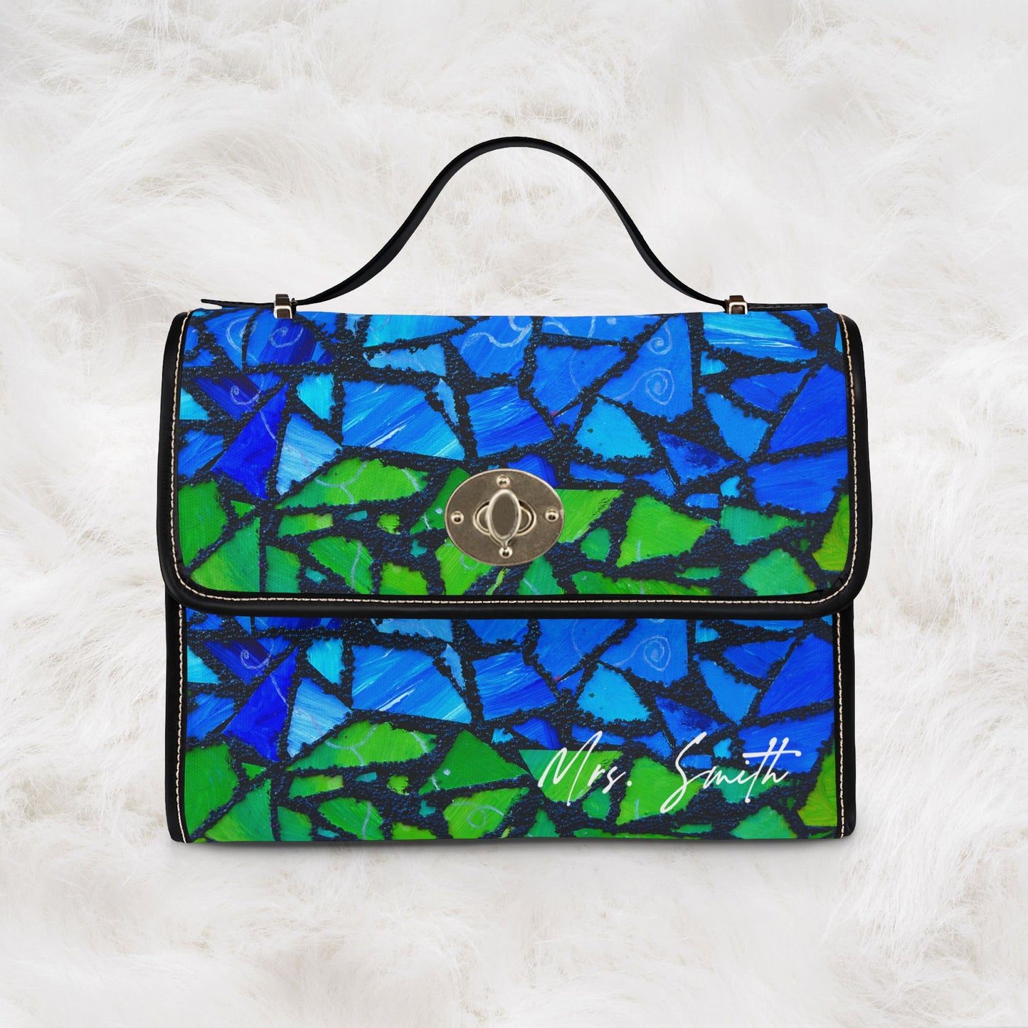 Personalized Name Waterproof Canvas Bag | Blue Green Mosaic Pattern Shoulder Tote Handbag