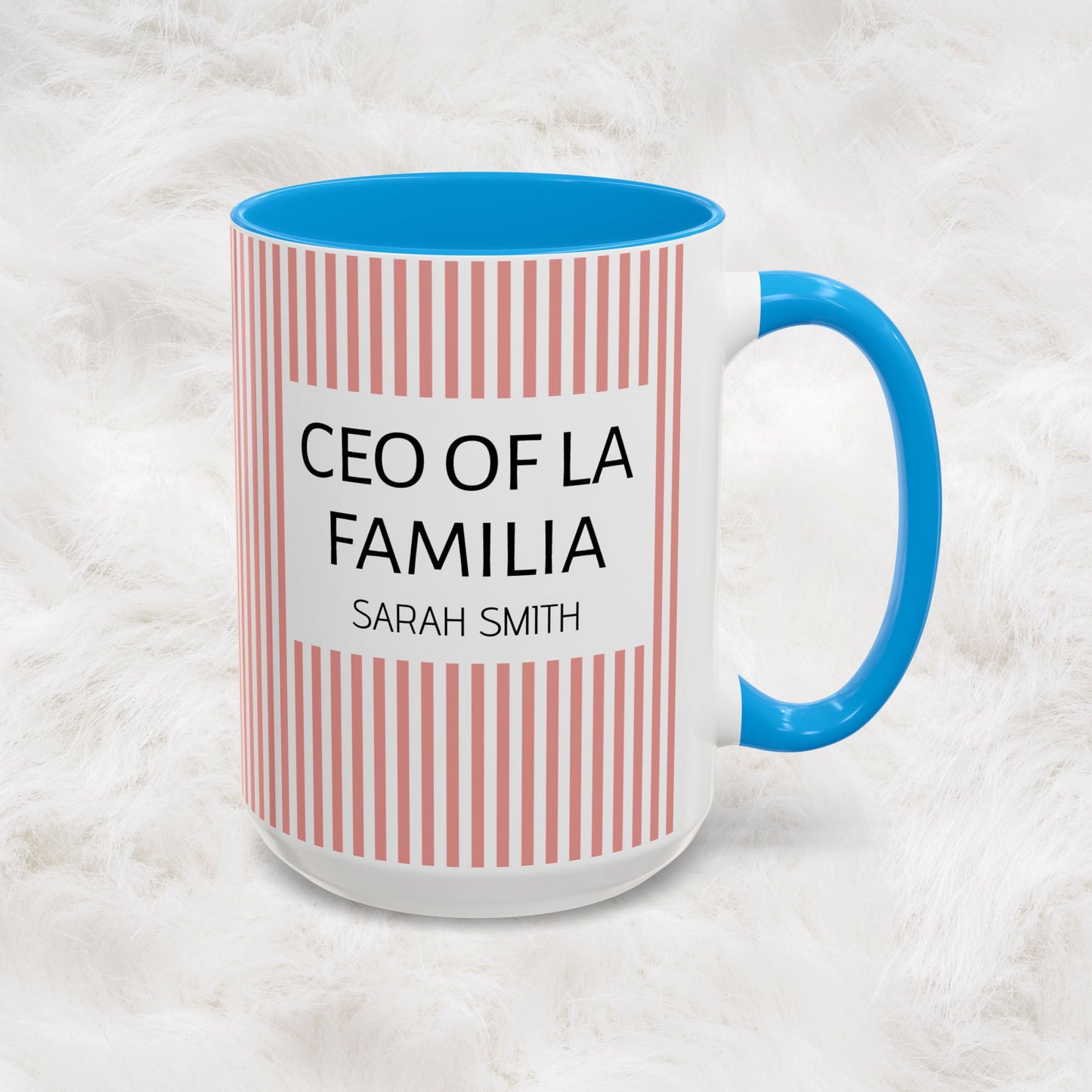 Personalized Name Pink Striped Coffee Tea Mug | Meaningful CEO of La Familia Gift for Mom, Wife, Women