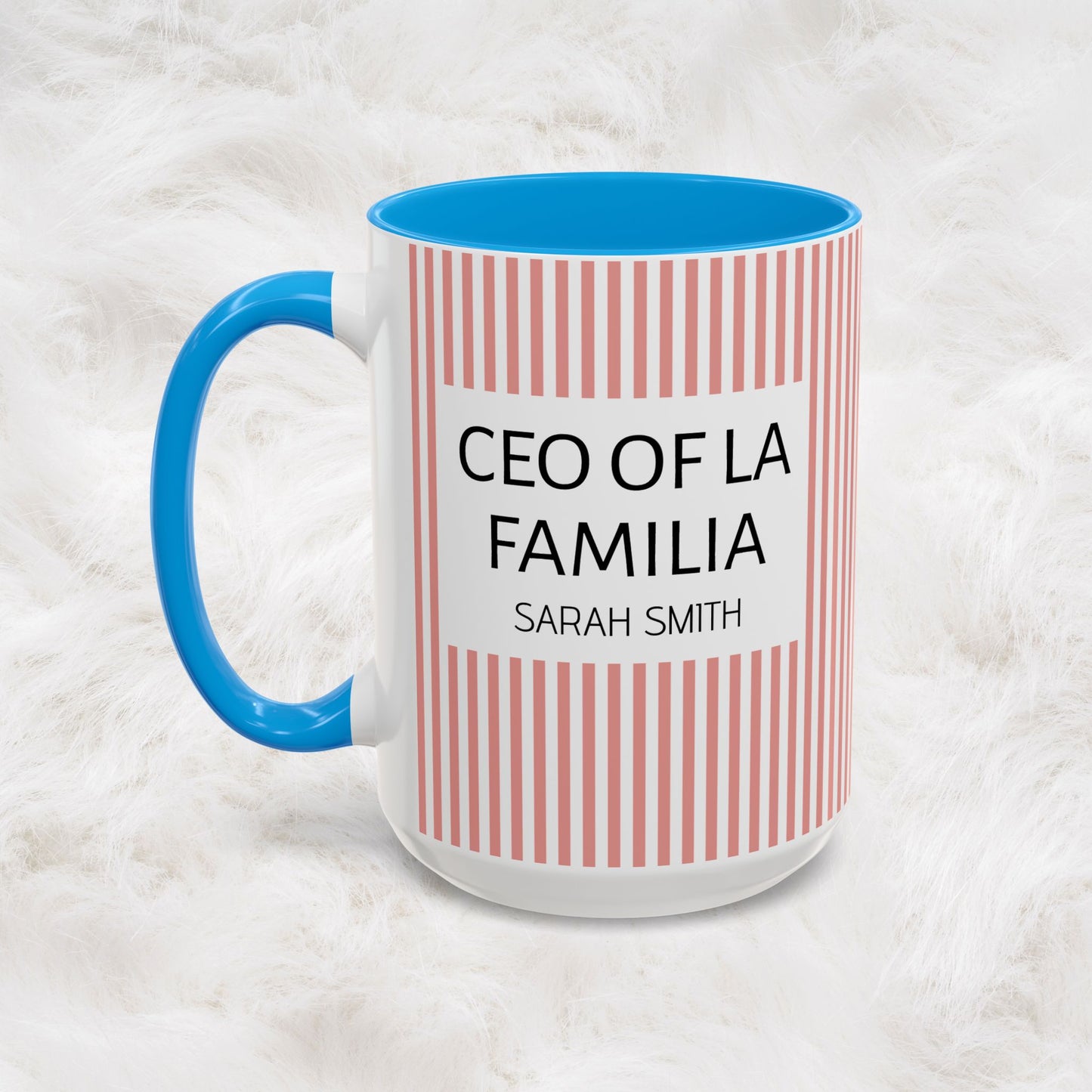 Personalized Name Pink Striped Coffee Tea Mug | Meaningful CEO of La Familia Gift for Mom, Wife, Women