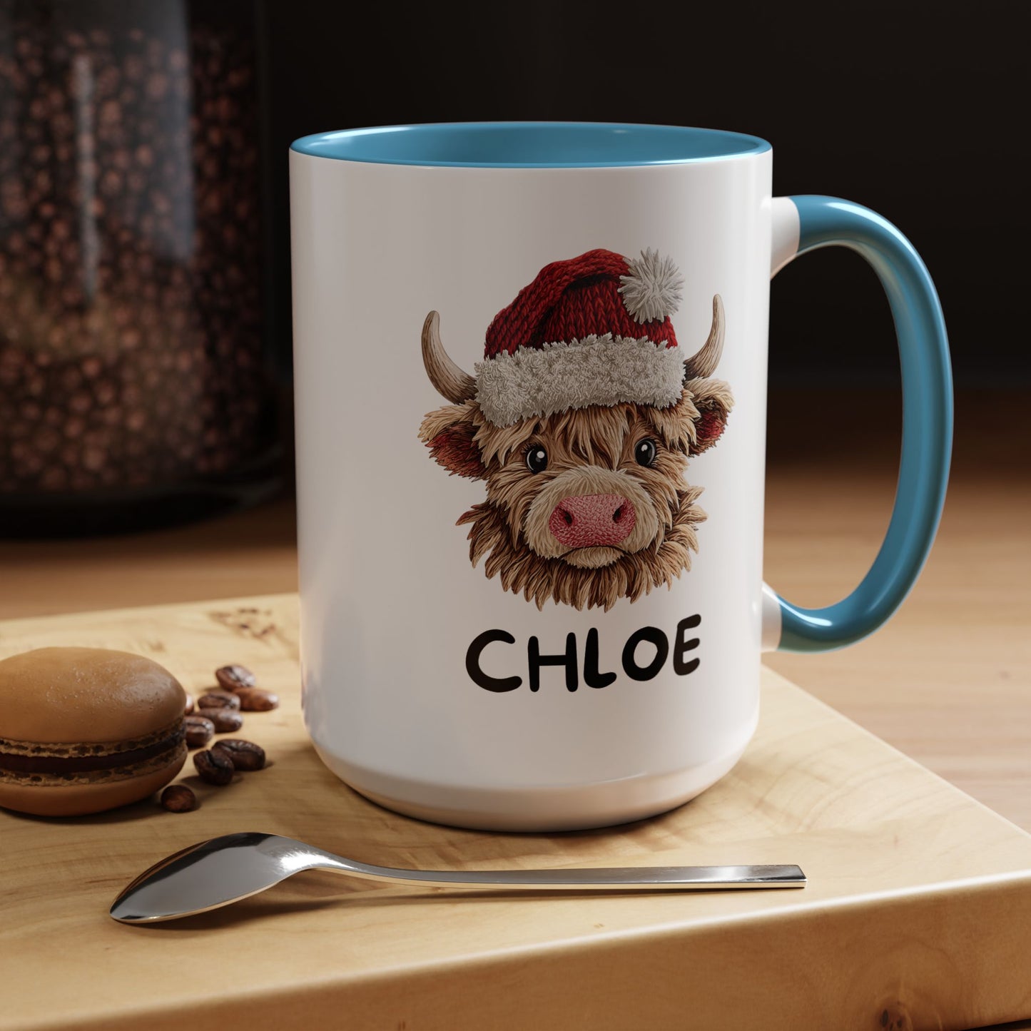 Personalized Name Cute Printed Crochet Yarn Christmas Highland Cow Mug | Hunting Holiday Gift