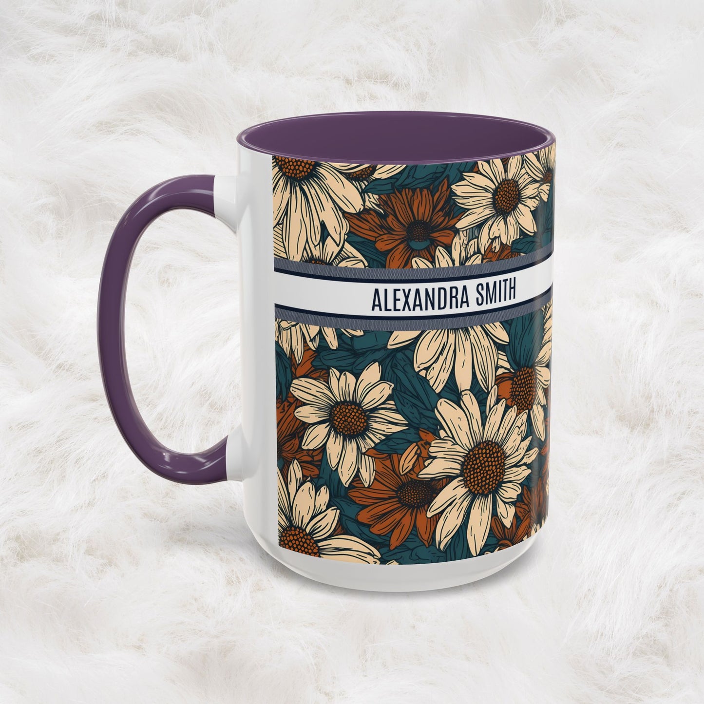 Personalized Name Text Daisy Floral Luxury Vintage Toile De Jouy French Pattern Accent Coffee Tea Mug