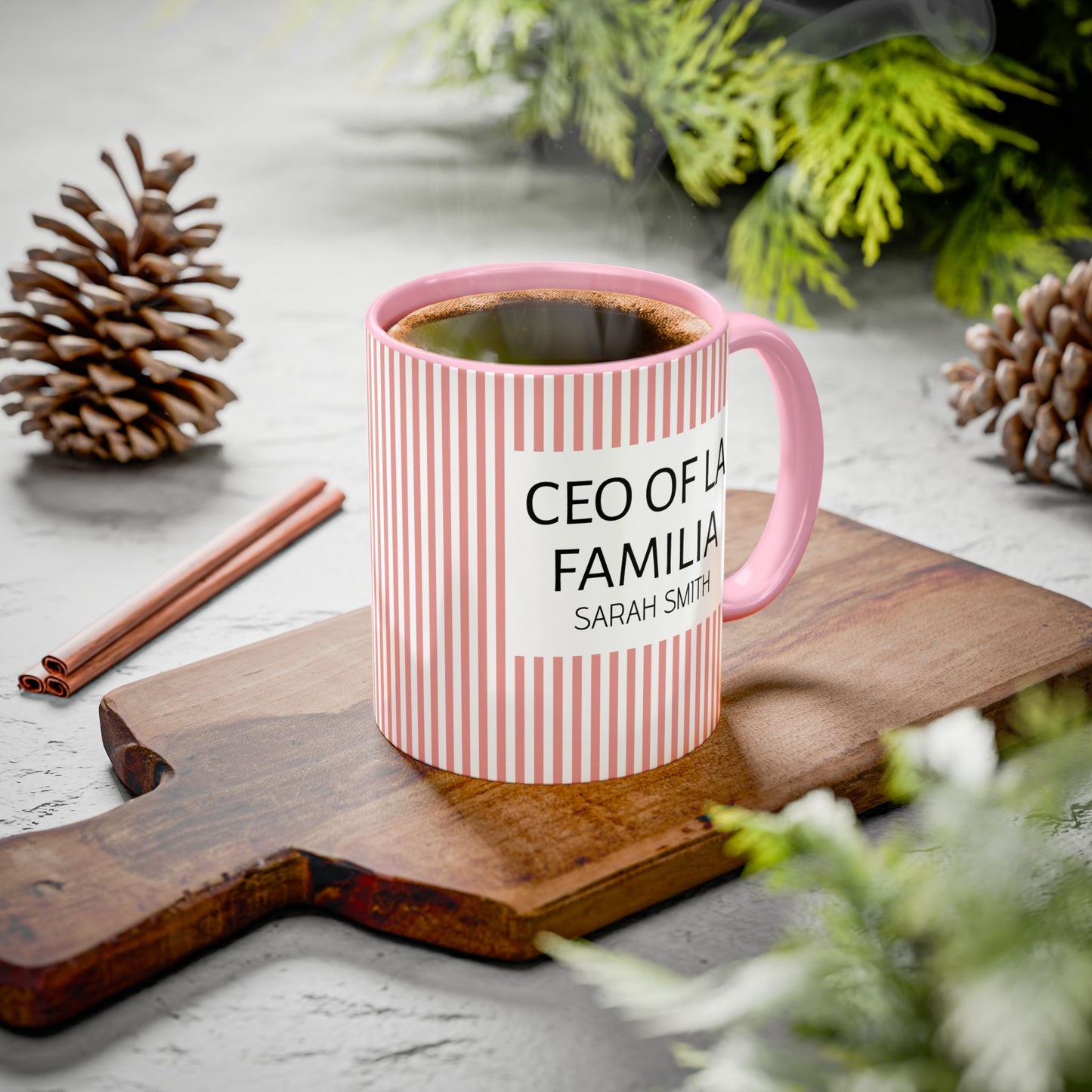 Personalized Name Pink Striped Coffee Tea Mug | Meaningful CEO of La Familia Gift for Mom, Wife, Women