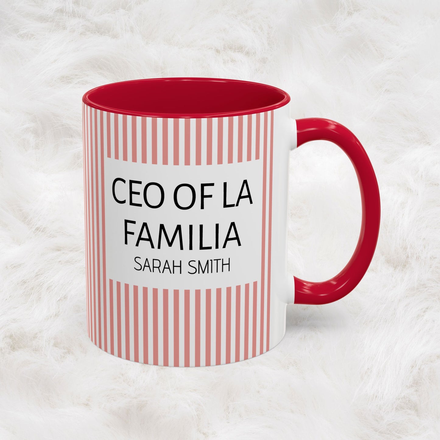 Personalized Name Pink Striped Coffee Tea Mug | Meaningful CEO of La Familia Gift for Mom, Wife, Women