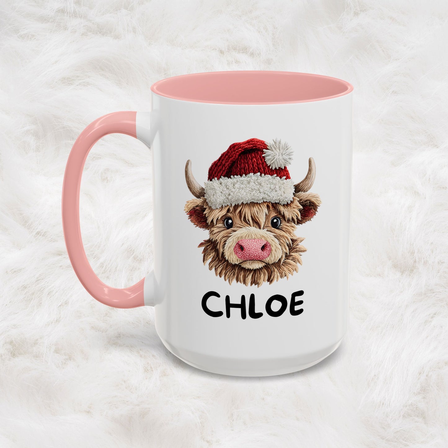 Personalized Name Cute Printed Crochet Yarn Christmas Highland Cow Mug | Hunting Holiday Gift