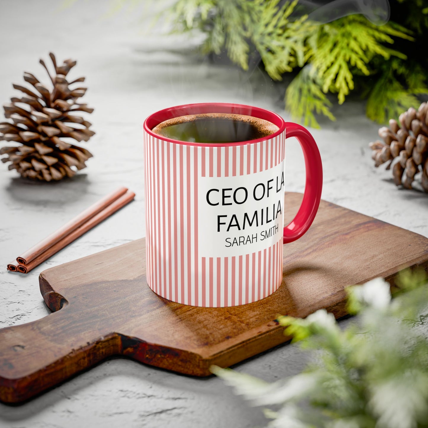 Personalized Name Pink Striped Coffee Tea Mug | Meaningful CEO of La Familia Gift for Mom, Wife, Women