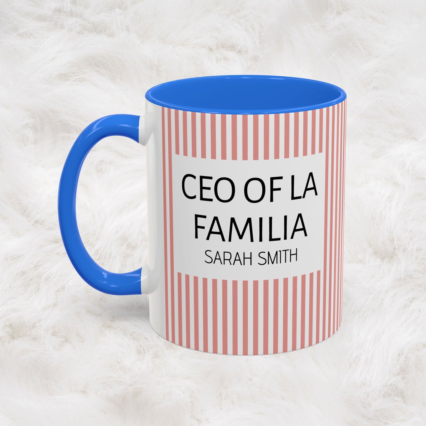Personalized Name Pink Striped Coffee Tea Mug | Meaningful CEO of La Familia Gift for Mom, Wife, Women