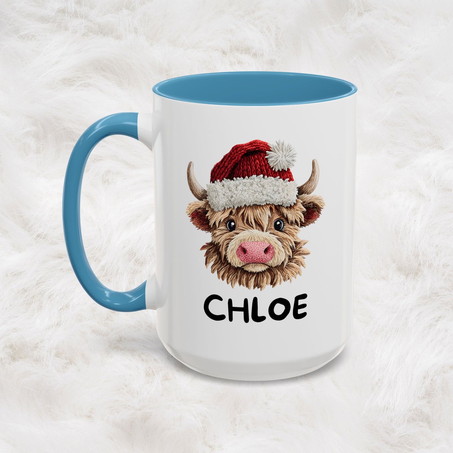 Personalized Name Cute Printed Crochet Yarn Christmas Highland Cow Mug | Hunting Holiday Gift