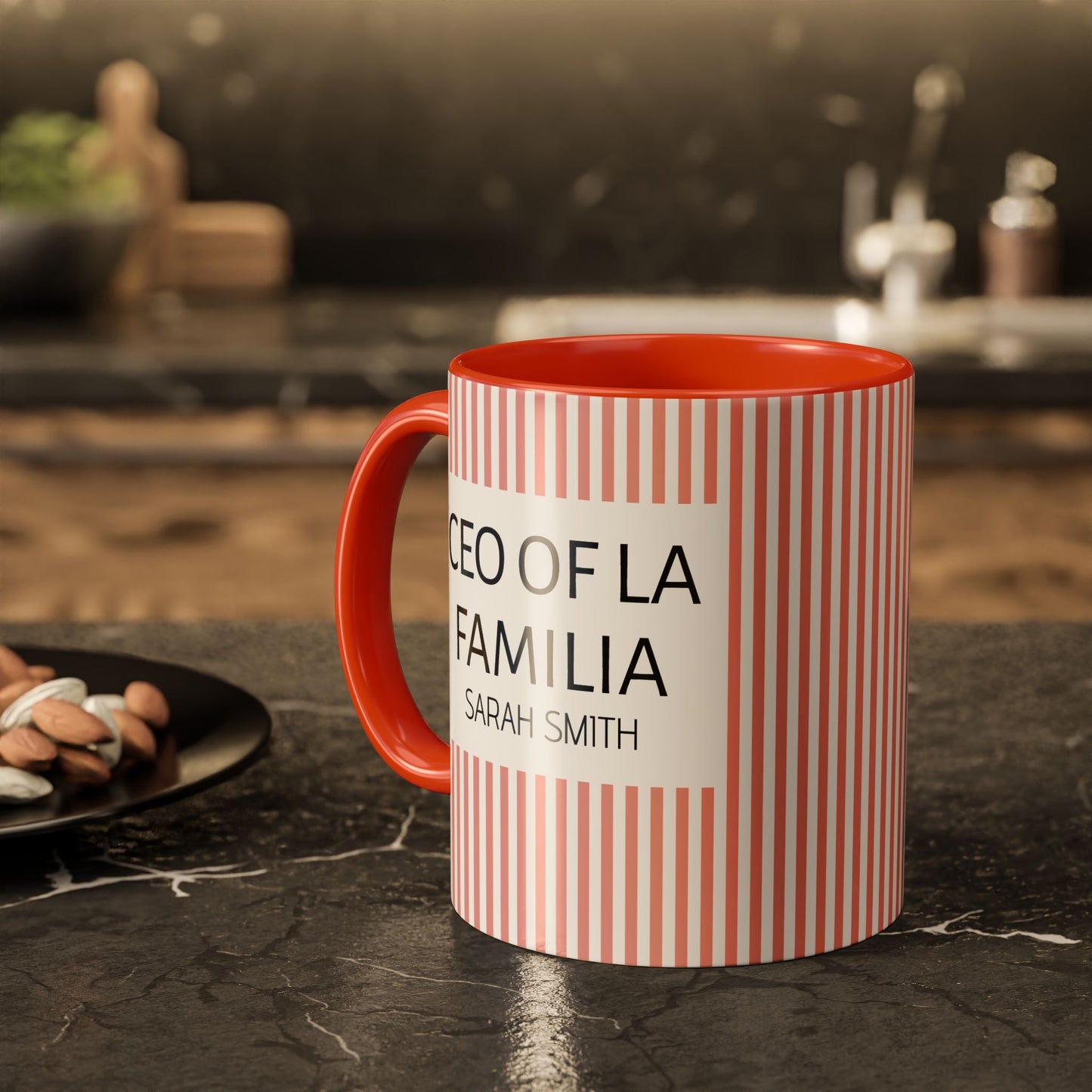 Personalized Name Pink Striped Coffee Tea Mug | Meaningful CEO of La Familia Gift for Mom, Wife, Women