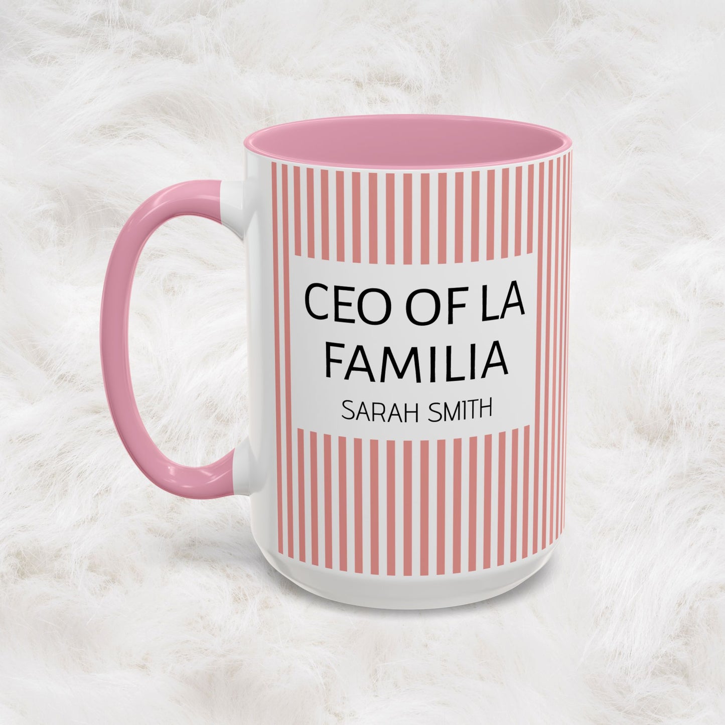 Personalized Name Pink Striped Coffee Tea Mug | Meaningful CEO of La Familia Gift for Mom, Wife, Women